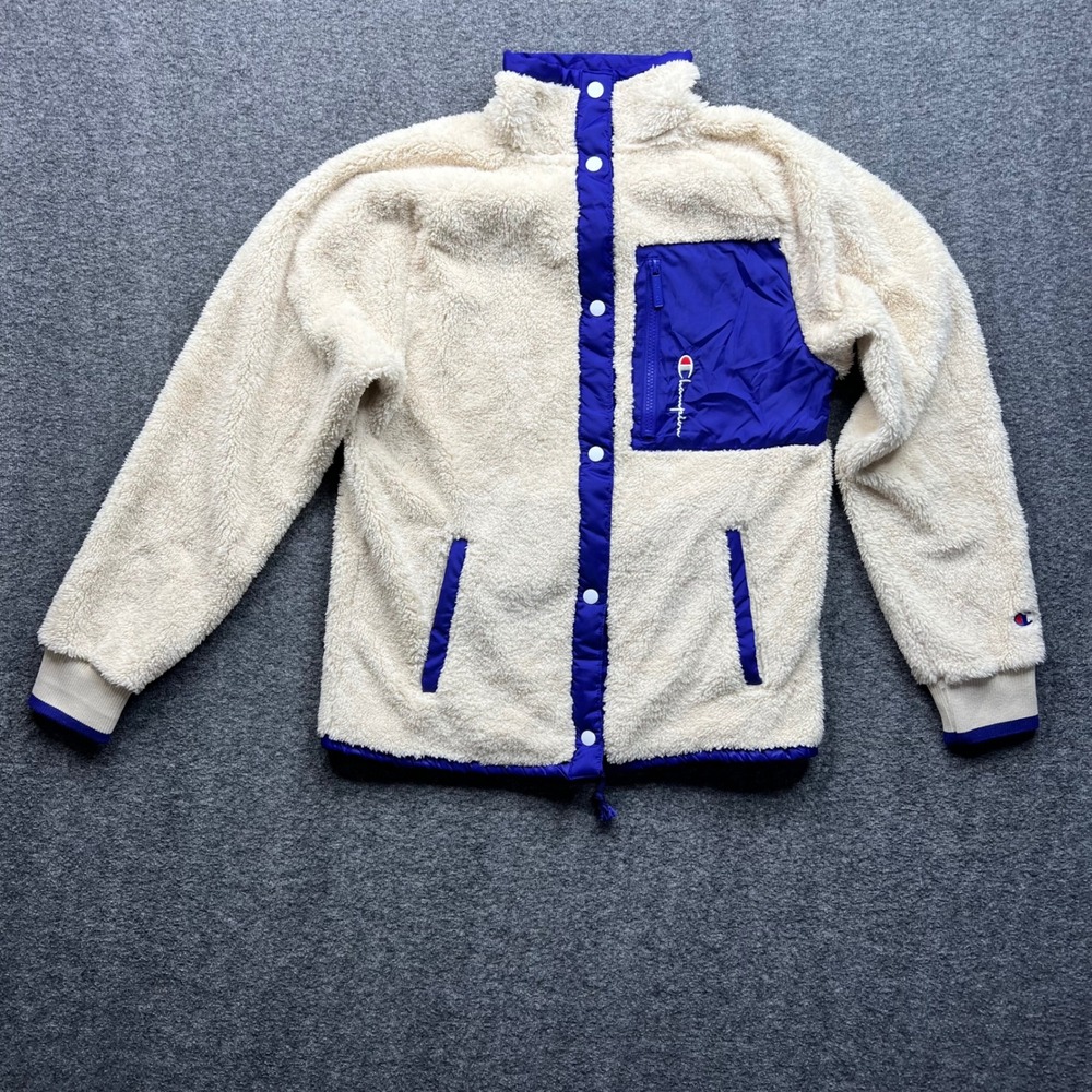 Champion Jacket Womens Small Cream Blue Sherpa Fleece Snap Front JL790 Mock Neck